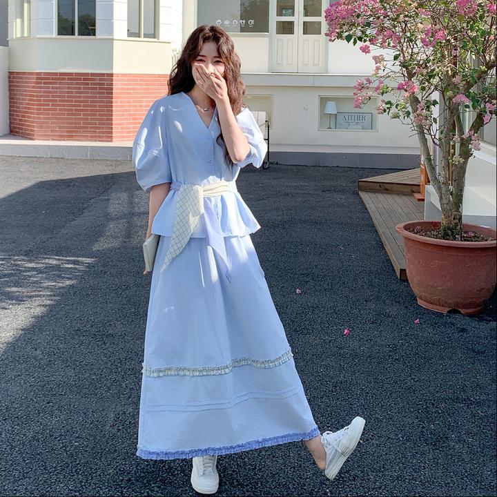 收腰裙子气质短袖两件套大货已出洋气时尚套装女夏