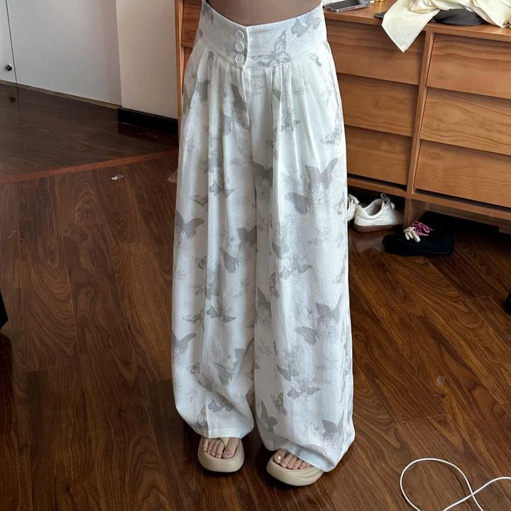 66063春夏季蝴蝶印花垂感休闲直筒裤宽松薄款百搭拖地长裤女