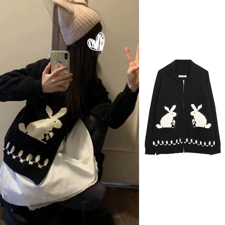 2443#宽松拉链兔子提花拼色毛衣开衫秋冬慵懒风卡通减龄休闲外套