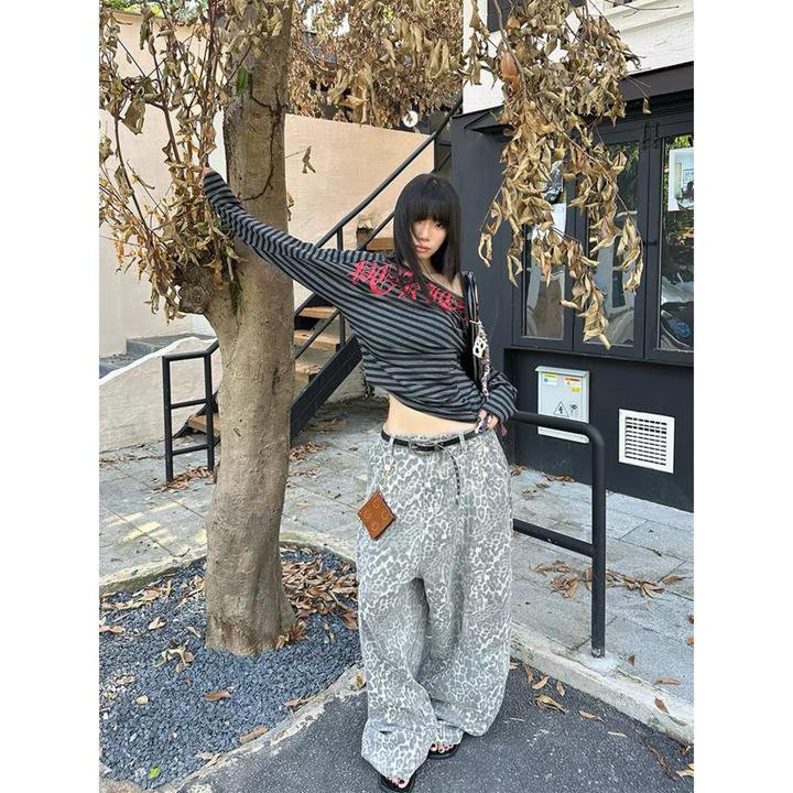 美式复古解构廓形豹纹弯刀牛仔裤男女潮牌设计感阔腿宽松休闲长裤