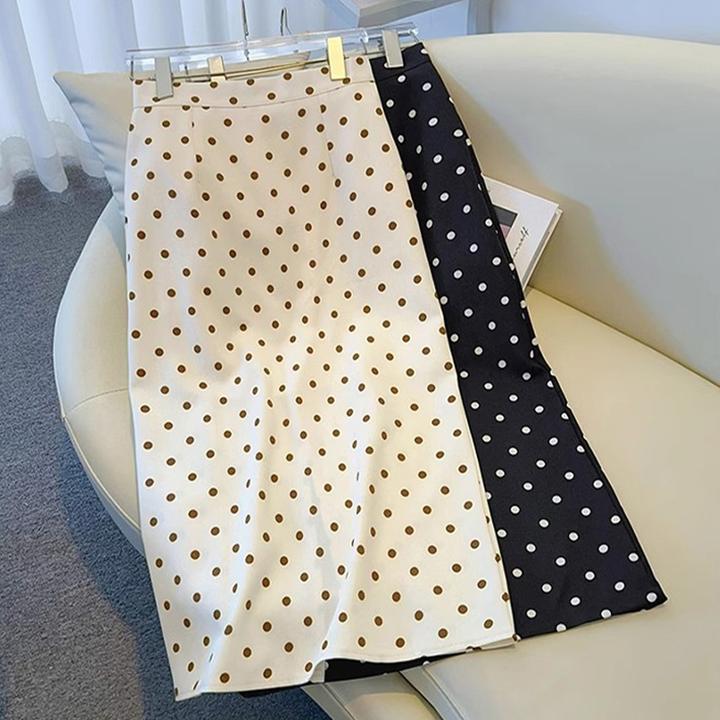拉夏贝尔波点黑色半身裙女春夏2025新款高腰中长款后开叉直筒裙子