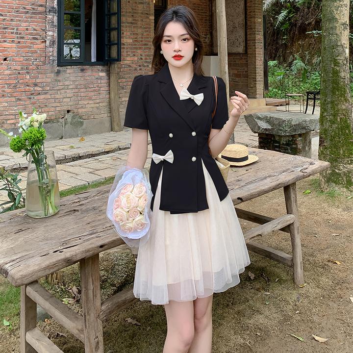 夏季裙子时尚韩版翻领西装小香风气质上衣蝴蝶结网纱半身裙装女装