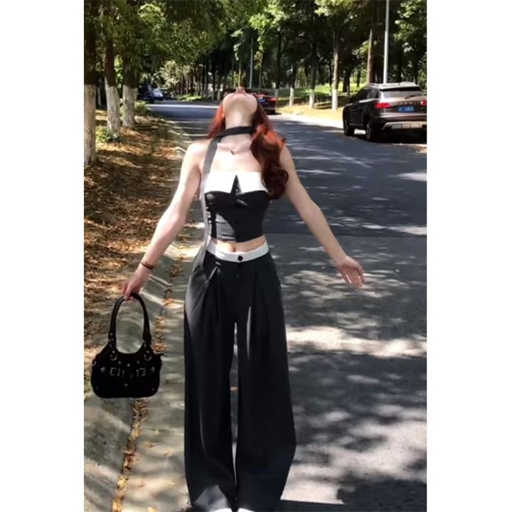 2025春夏新款修身显瘦设计感性感吊带露背上衣休闲宽松直筒长裤女