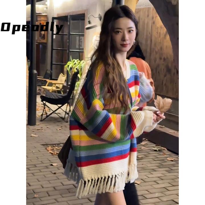 Opeodly秋冬彩色条纹流苏长袖毛衣女宽松显瘦中长款小众针织上衣