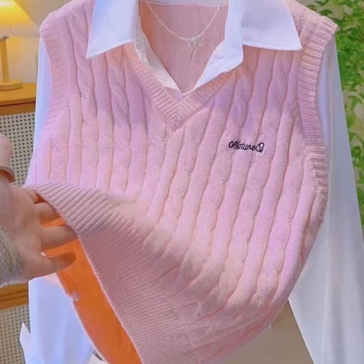 爆款字母刺绣拼接假两件毛衣春秋新款polo领学院风洋气针织上衣