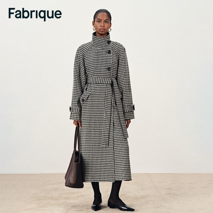 Fabrique【张艺凡贝卡同款】千鸟格绵羊毛配腰带立领偏门襟长款大衣