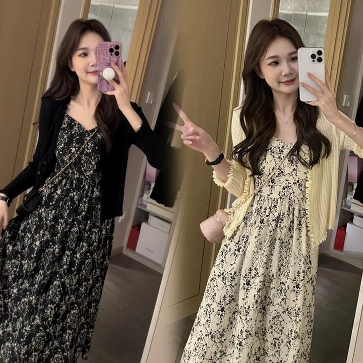 2025春夏新款女设计感别致碎花吊带连衣裙防嗮针织开衫上衣两件套