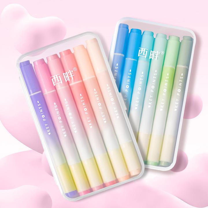 6色双软头荧光笔学生专用彩色手帐笔做笔记划重点记号笔 1686