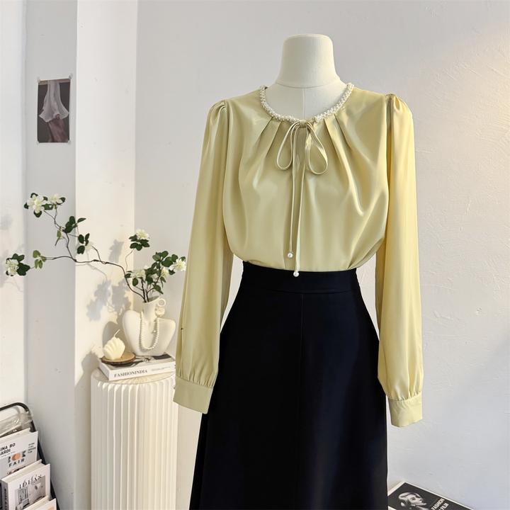 高级感钉珠系带圆领缎面长袖衬衫女2025秋季法式气质衬衣通勤上衣
