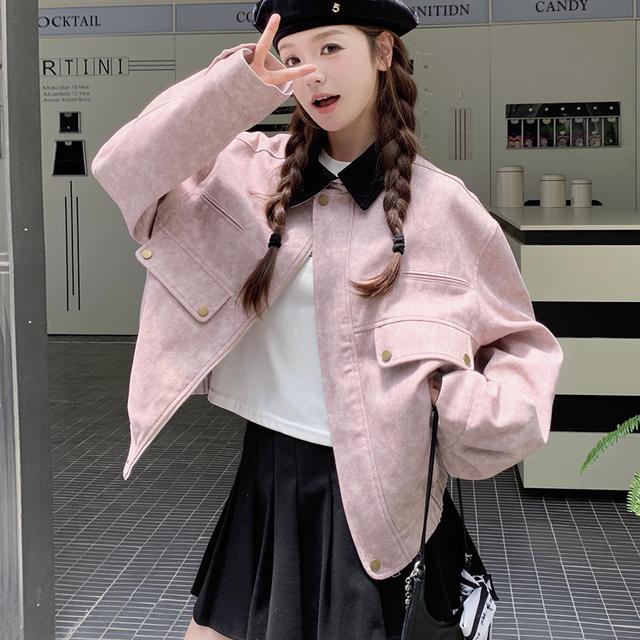 粉色法式覆古巴恩风印花夹克女秋季2025新款小个子炸街显瘦外套