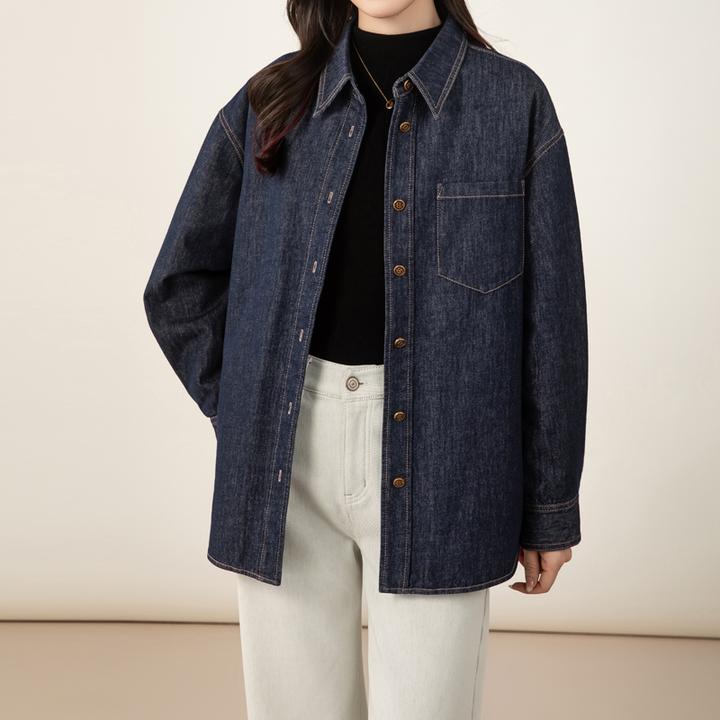 女士鸭绒外套2025新款冬季外套女加厚加绒牛仔衬衫叠穿设计感上衣