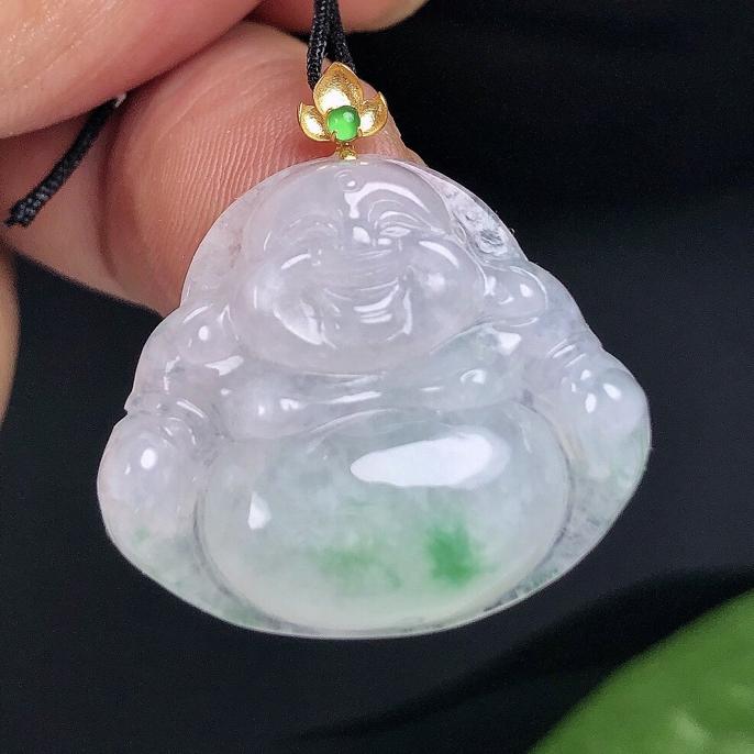 缅甸天然翡翠A货18K金扣镶嵌冰种飘阳绿佛公吊坠冰透正品玉佛挂坠