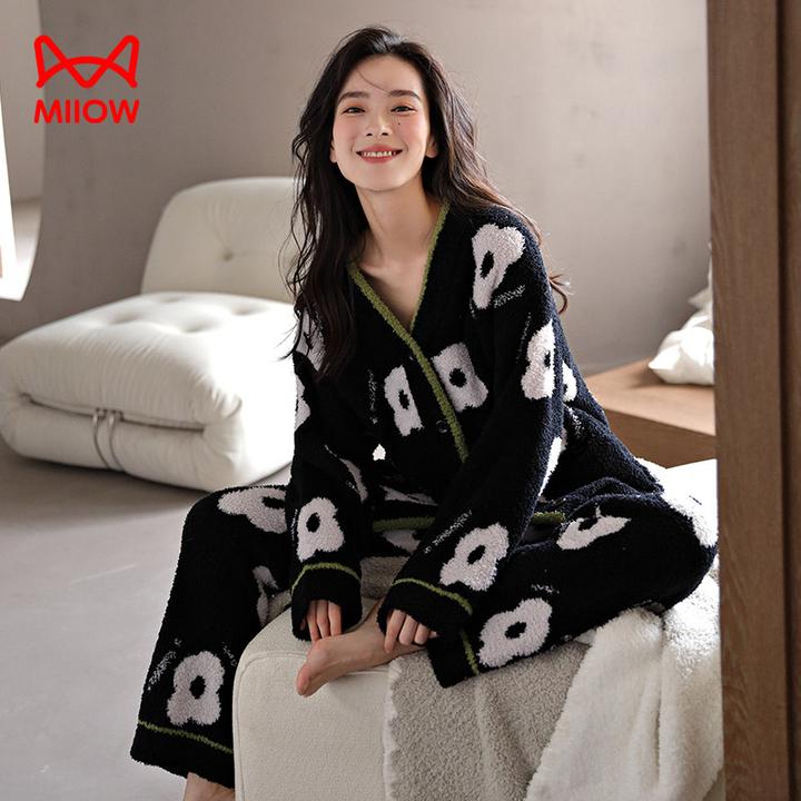 猫人经典半边绒女士睡衣秋冬季和服开衫加绒保暖可外穿家居服套装