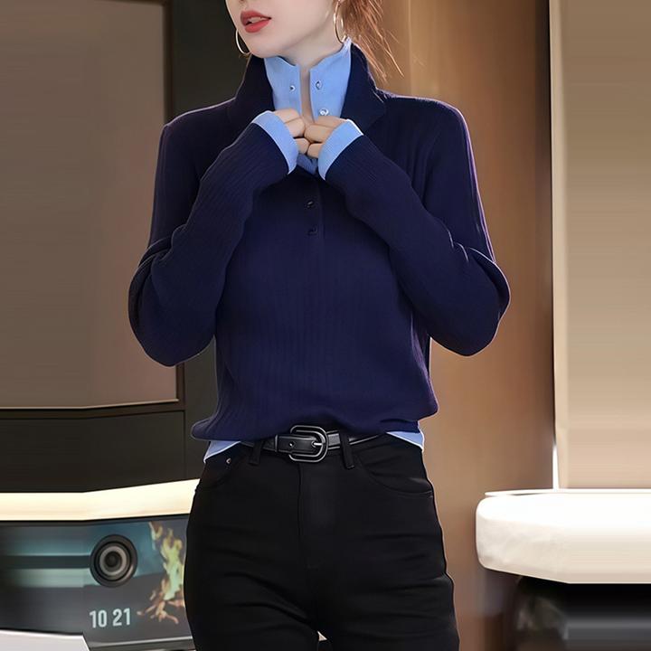 M938撞色假两件立领针织上衣打底衫女款时尚休闲复古显瘦翻领上衣