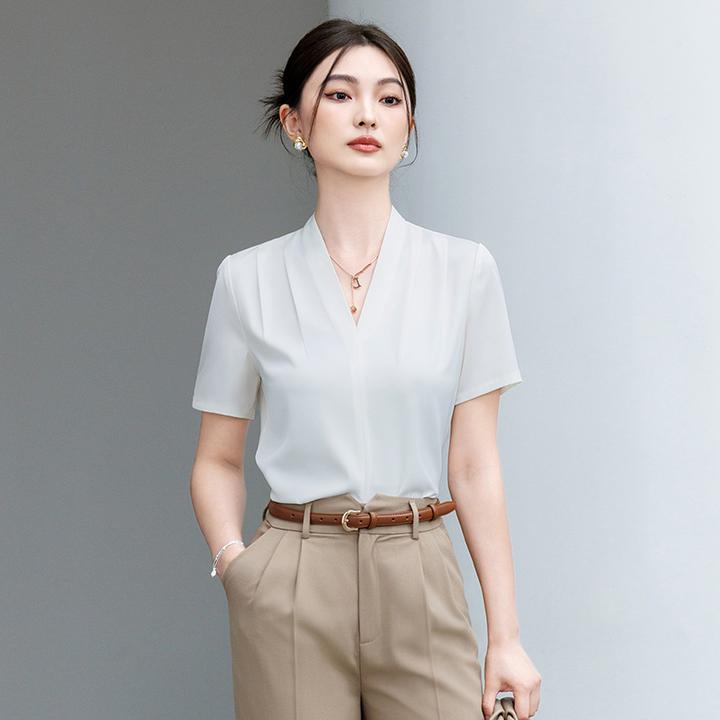 芭妃娅短袖V领衬衫正装白职业装4S店高级感上衣通勤内搭店长销售