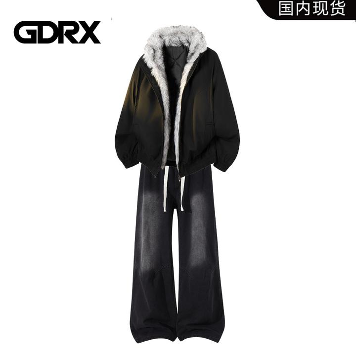 GDRX美式街头时尚男装套装棉服2025冬季新款男士水洗牛仔裤两件套