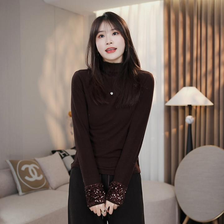 LMENY“巴洛克”简约不简单~亮片丝绒拼接半高领加绒打底25DT012