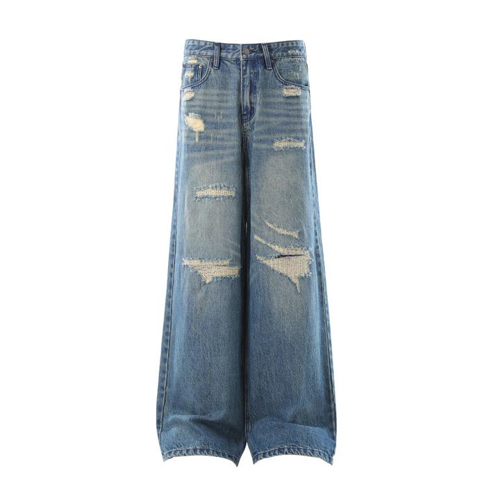 欧美街头潮流个性割烂破洞猫须宽松直筒阔脚牛仔裤蓝色水洗长裤秋