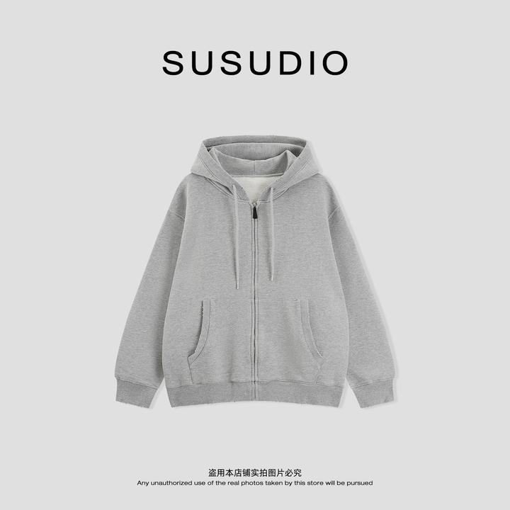 SUSUDIO 100棉  基础款宽松毛边设计休闲拉链连帽卫衣 B2017