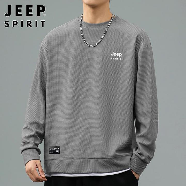 JEEPSPIRIT灰色圆领卫衣男士秋季休闲打底上衣宽松华夫格长袖T恤