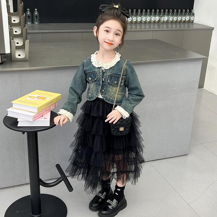 儿童春秋季新款2024外穿女小童长袖牛仔外套连衣裙套装女宝宝秋装