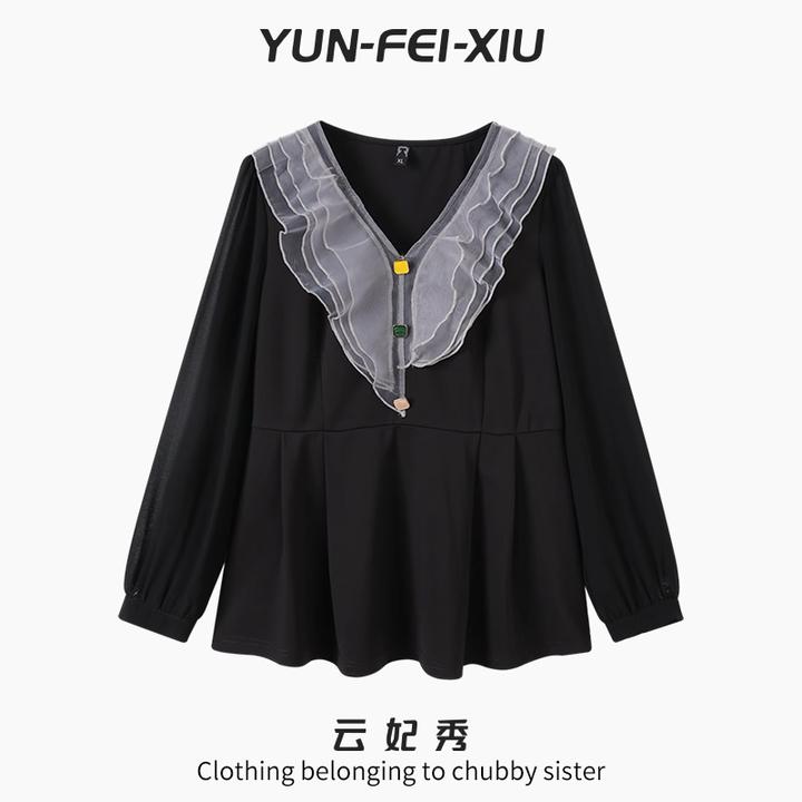 云妃秀大码女装T恤时尚休闲微胖宽松显瘦V领拼接气质百搭秋季6279