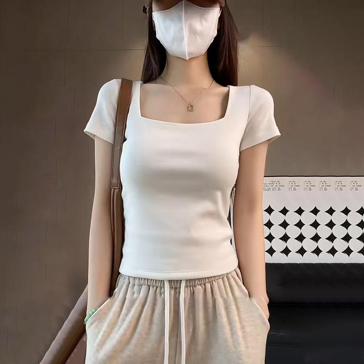 95棉白色方领短袖t恤女春夏低领修身露锁骨打底衫内搭紧身u领上衣