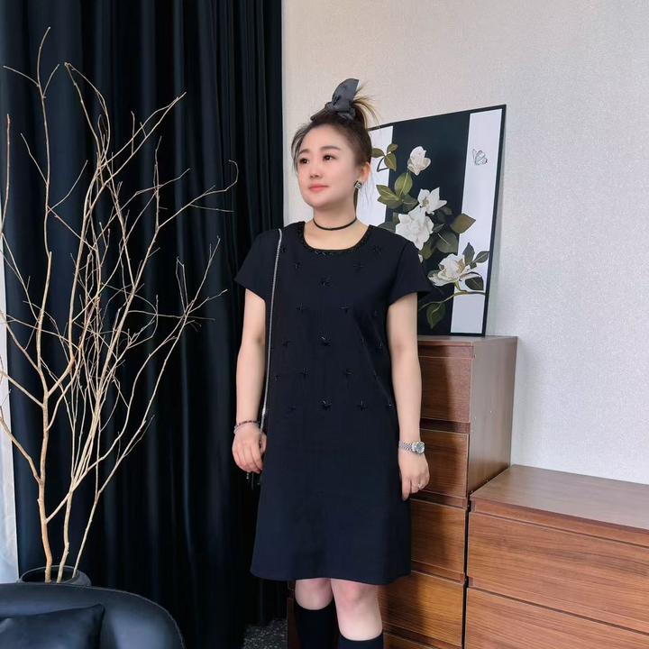 楠楠夏季新款黑色手工镶钻圆领减龄显瘦轻奢收腰时尚设计感连衣裙
