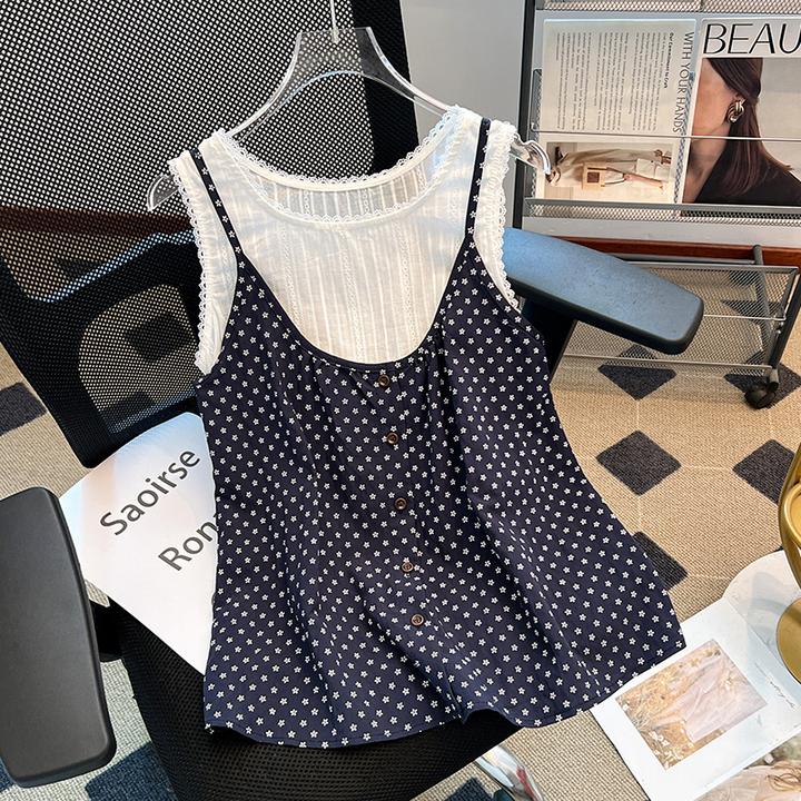 夏季拼接假两件碎花吊带背心气质无袖娃娃小衫上衣女2025新款衬衫