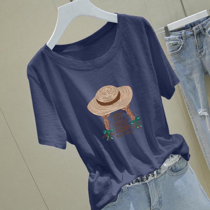 宽松竹节棉纯棉圆领韩版短袖t恤女士夏季印花时尚洋气显瘦女装潮
