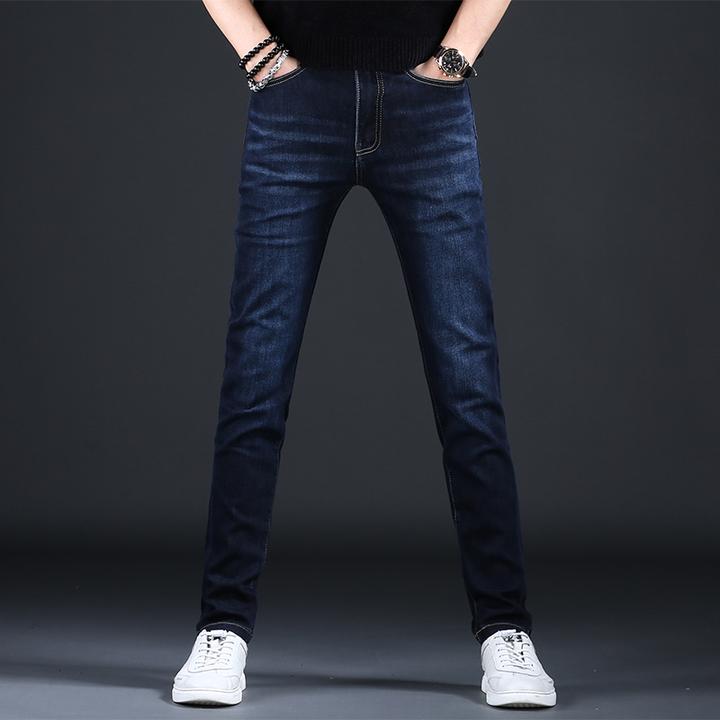 洛尼提日亚蓝色牛仔裤男修身潮流2025新款秋冬季加绒弹力小脚长裤