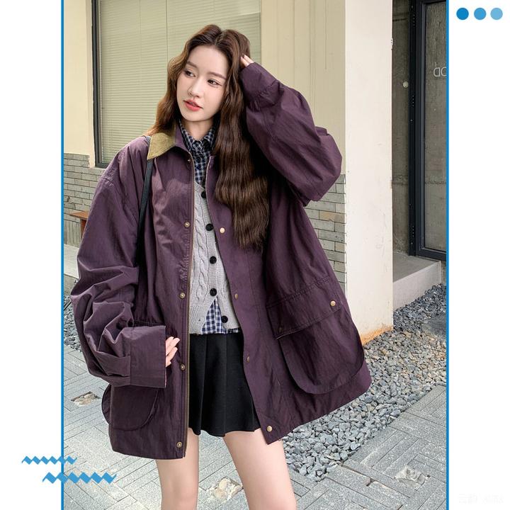 深紫色撞色翻领拼接风衣中长款外套2025秋款时尚格纹袖口工装夹克