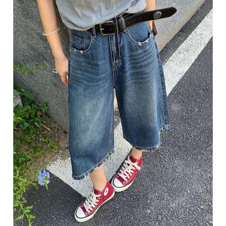 【送腰带】复古高腰七分牛仔裤女显瘦宽松直筒阔腿裤7592 C