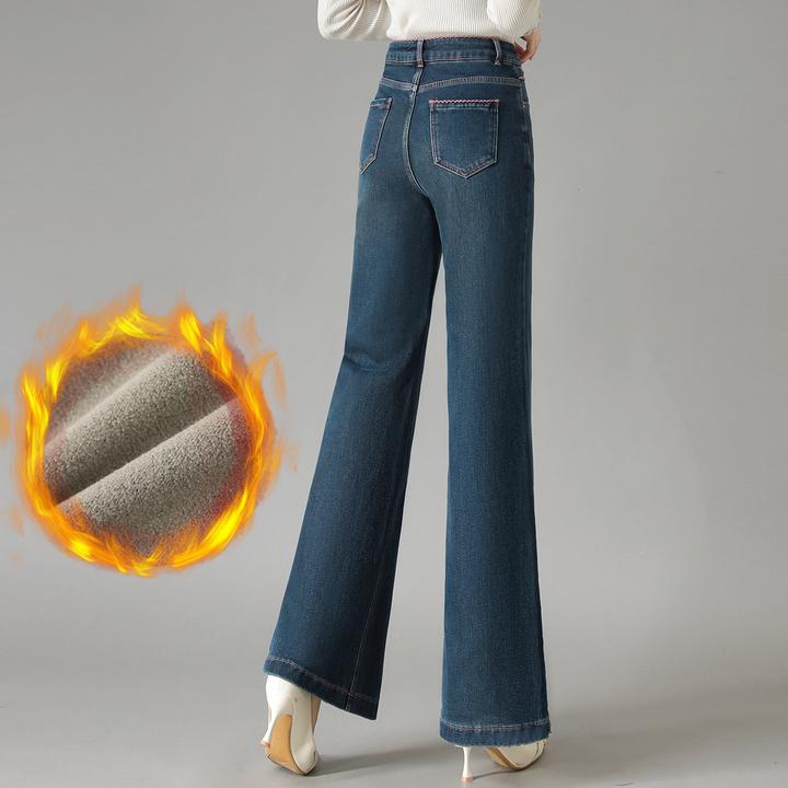 薄绒微喇牛仔裤女2025冬季新款高腰显瘦中年妈妈秋冬直筒喇叭裤子