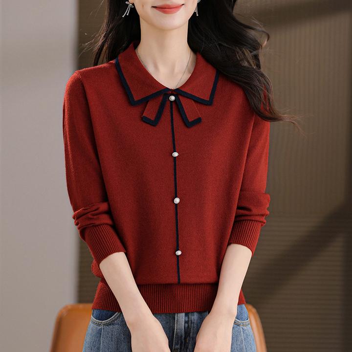 娃娃翻领针织衫2025春秋季新款中年妈妈装红色毛衣显瘦上衣打底衫