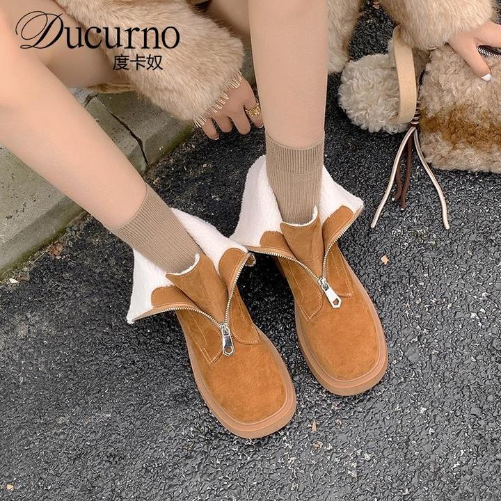 DUCURNO磨砂真皮两穿翻领马丁靴女前拉链厚底粗跟短靴百搭瘦瘦靴
