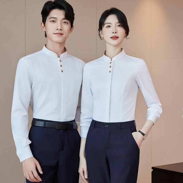 新中式酒店服务员工作服立领长袖衬衫饭店餐饮蛋糕中餐厅茶楼工衣