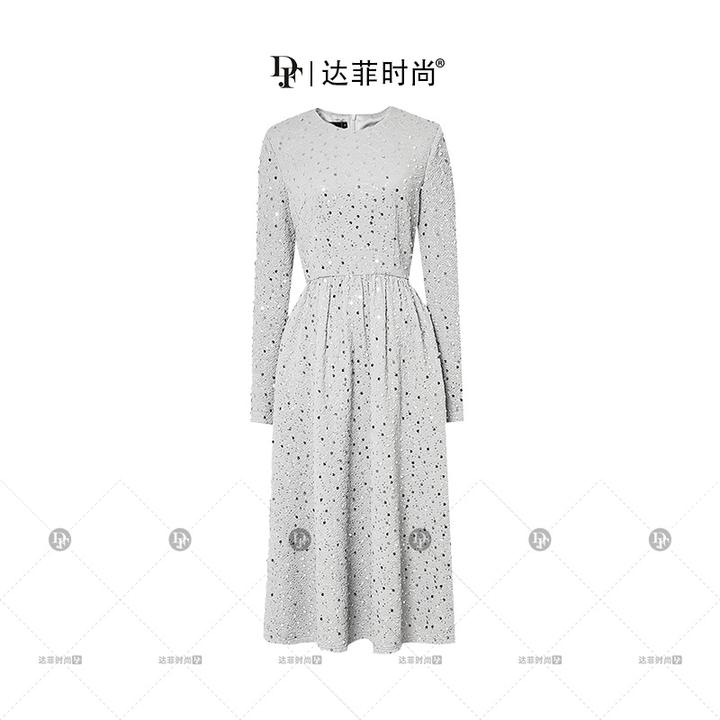 潮流-秋冬新款高级感银色亮片收腰A字大摆肌理感连衣裙Q-DC34565E