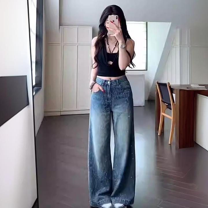 满天星河烫钻阔腿牛仔裤女2025夏季新款高腰宽松显瘦高级感拖地裤