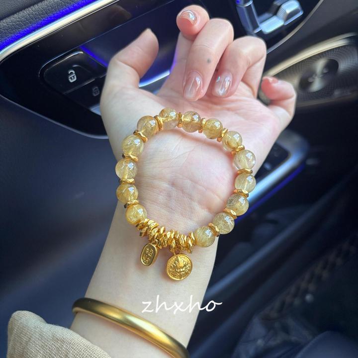 铜合金仿水晶手链 黄财神盘缠手链女招财福牌吊坠新中式轻奢手串