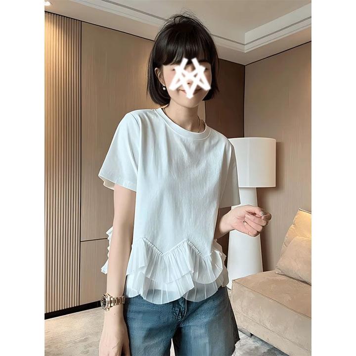 特大码200斤港风chic独特花边设计感正肩显瘦短袖t恤女夏洋气上衣