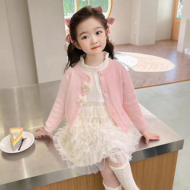 网纱连衣裙春季2024新款儿童开衫毛衣蛋糕裙套装宝宝公主裙潮