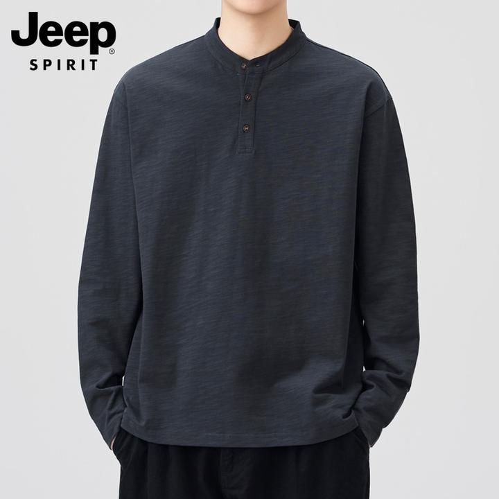 JEEPSPIRIT吉普长袖T恤男款秋季美式亨利领上衣男士纯棉打底衫男