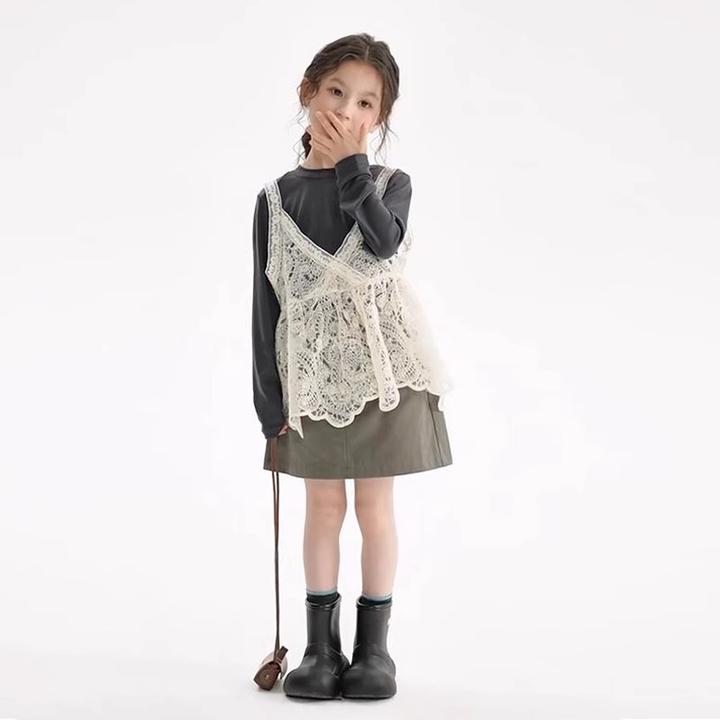 女童长袖内搭T恤2025春夏新款儿童镂空吊带蕾丝上衣裙两件套洋气