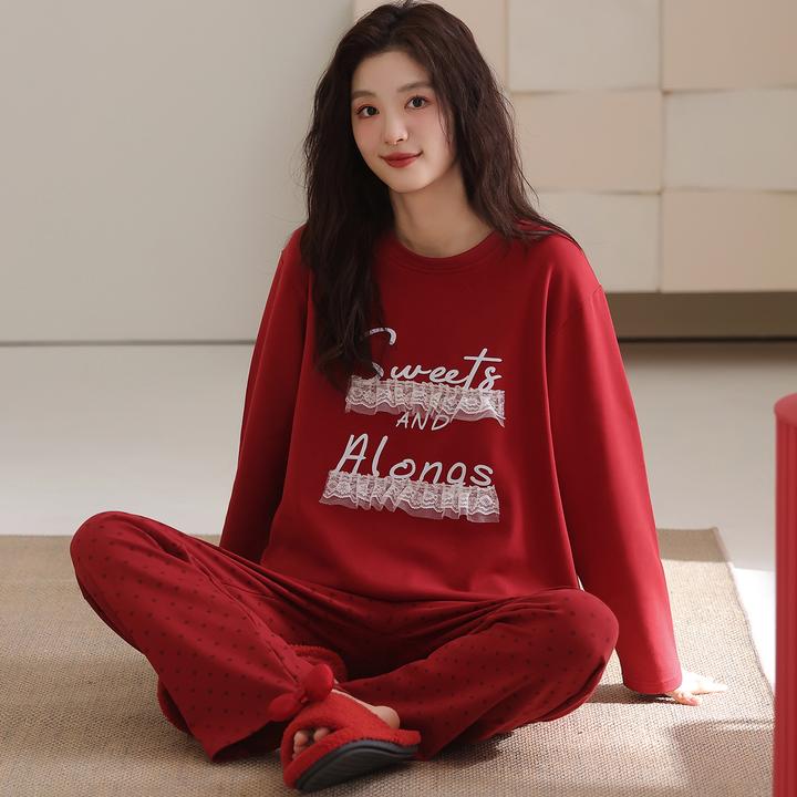 卡之恋红色长袖40支紧赛精梳双面纯棉可外穿居服【中厚全棉240g】