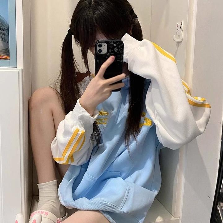 国潮牌条纹刺绣撞色插肩连帽卫衣女秋冬中长款oversize宽松外套