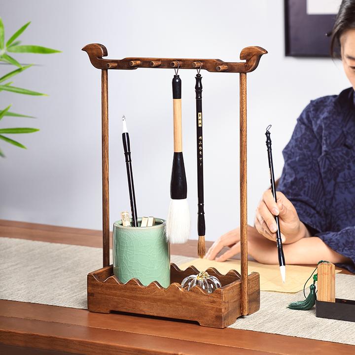 异丽实木毛笔笔架古风挂架文房书法收纳置物架文昌毛笔架笔挂