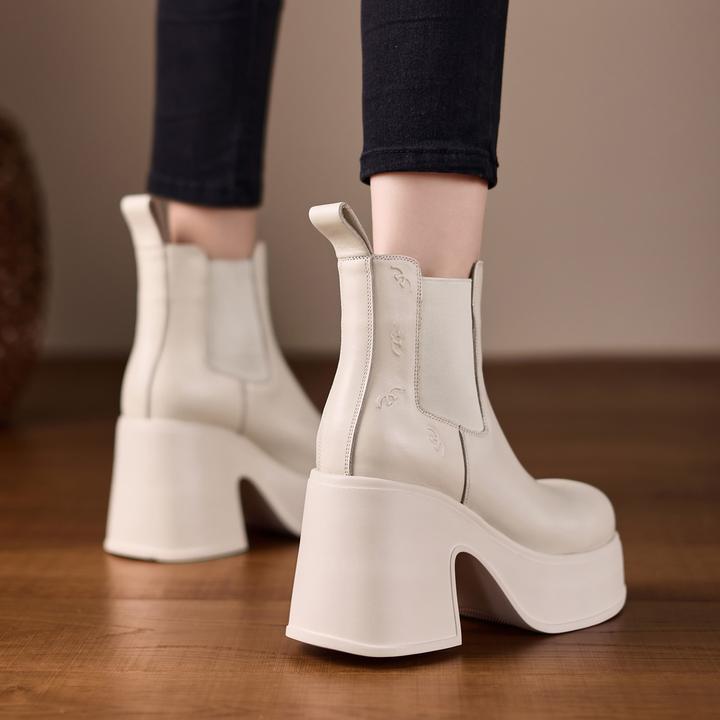 10cm小个子防水台高跟短靴松紧气质烟筒靴圆头厚底马丁靴短筒单靴