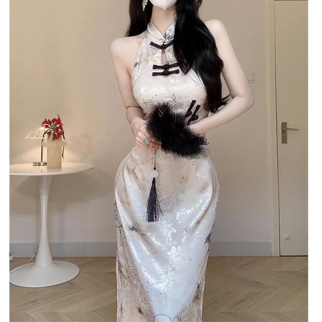 新中式复古国风御姐高级印花改良旗袍修身包臀性感挂脖连衣裙夏季