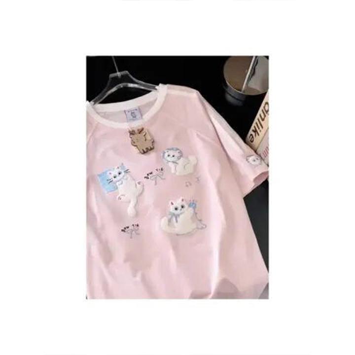 美式复古毛巾绣卡通动漫小猫刺绣t恤女条纹袖口休闲重磅纯棉上衣